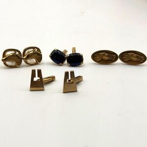 Vintage Mens Cufflinks Lot 5pc Gold Tone Equestrian Horse Blue Stone